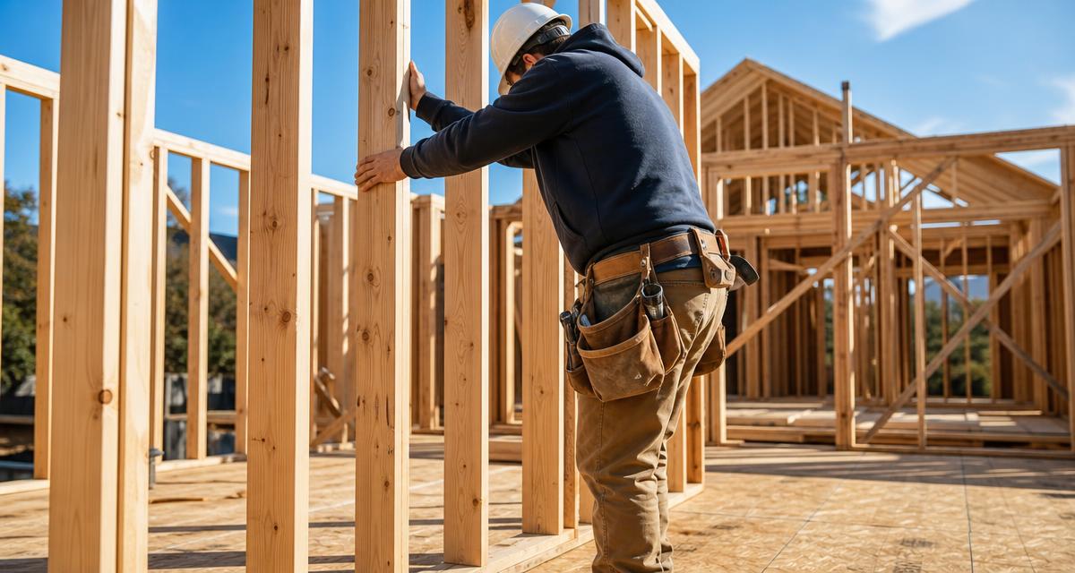 Carpenter setting a stud wall on a new home frame