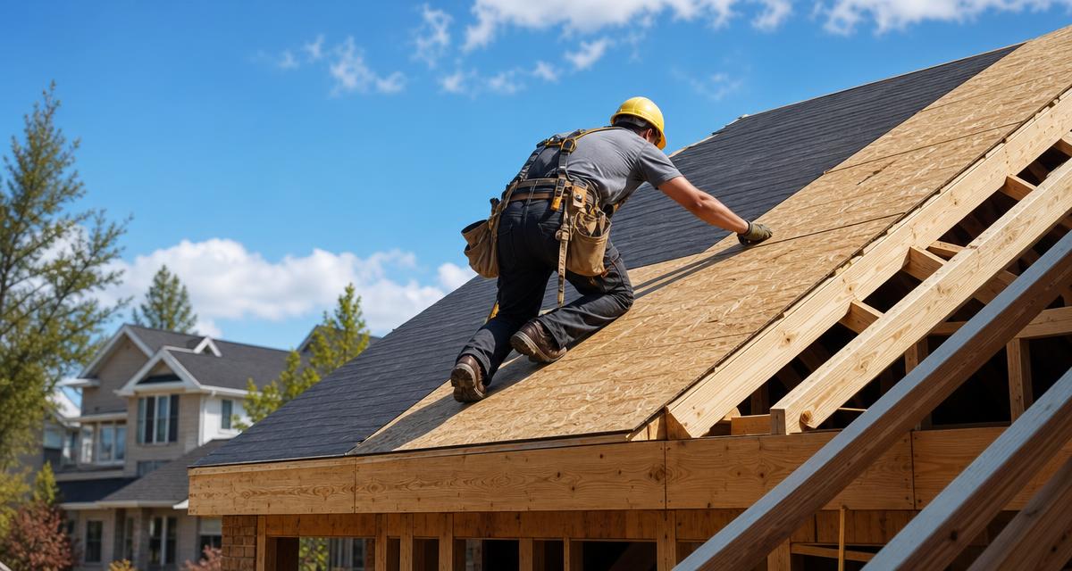 Crew member installing roof underlayment