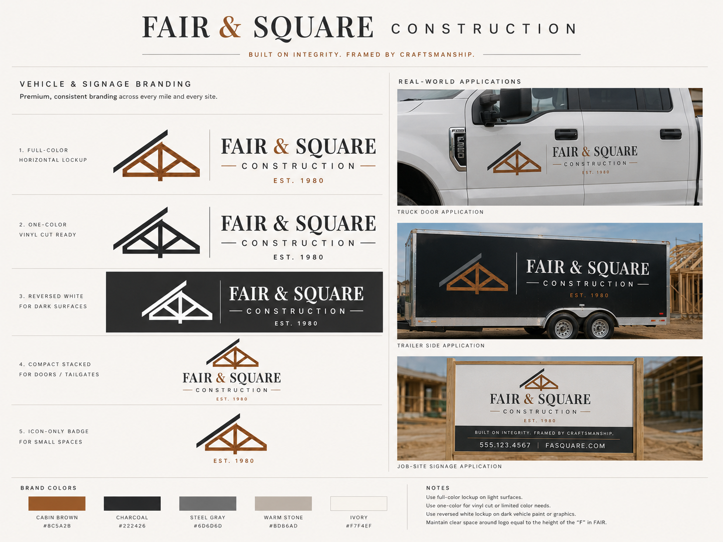 Fair & Square Construction brand guidelines showing logo lockups, color palette, vehicle and signage applications